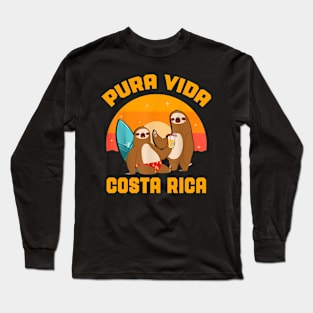 Pura Vida Costa Rica Sloth Surfing Sleepy Summer Vacation Long Sleeve T-Shirt